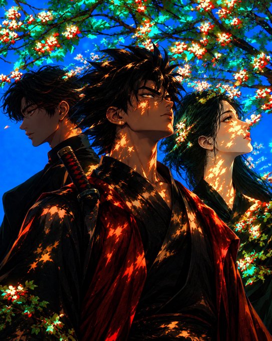 An anime-style digital artwork showing three characters (two males and one female) in traditional Japanese clothing, standing back-to-back beneath cherry blossom branches with sunlight filtering through the leaves.