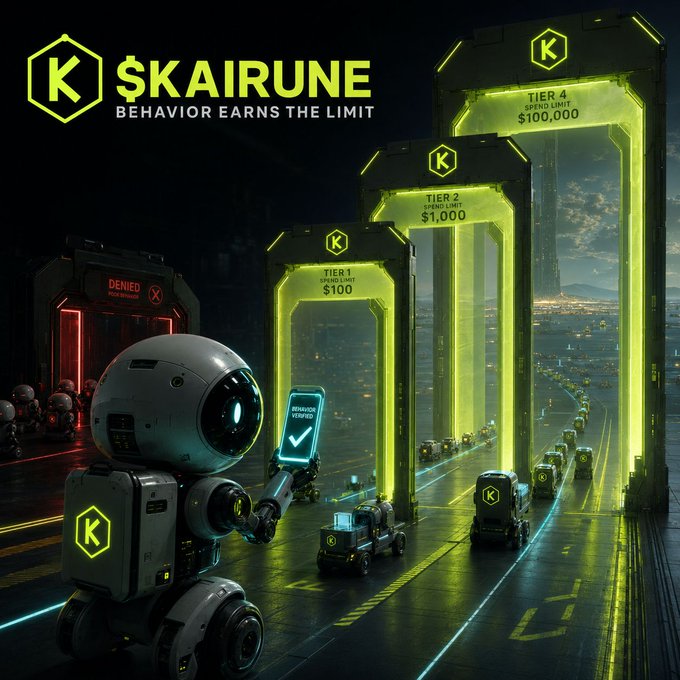 A futuristic sci-fi image featuring a robot holding a phone showing 'BEHAVIOR VERIFIED', with neon gates labeled 'K $KAIRUNE - BEHAVIOR EARNS THE LIMIT' and tiers ranging from Tier 1 ($100) to Tier 4 ($100,000).