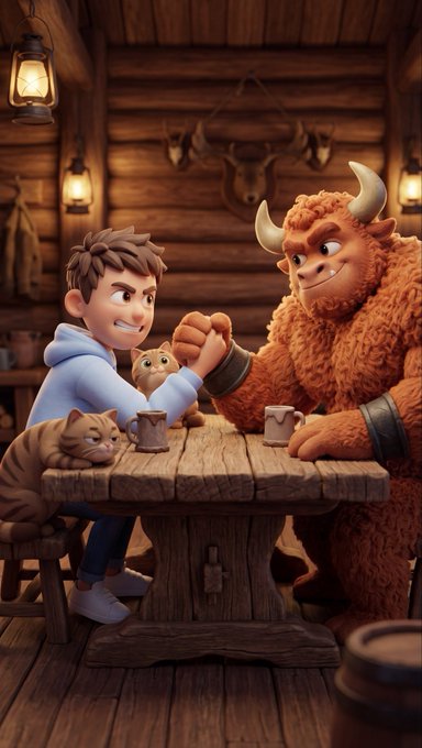 A 3D animated scene showing a young boy in a blue hoodie arm-wrestling a large, friendly brown horned monster at a wooden table inside a rustic cabin, accompanied by two small cats.