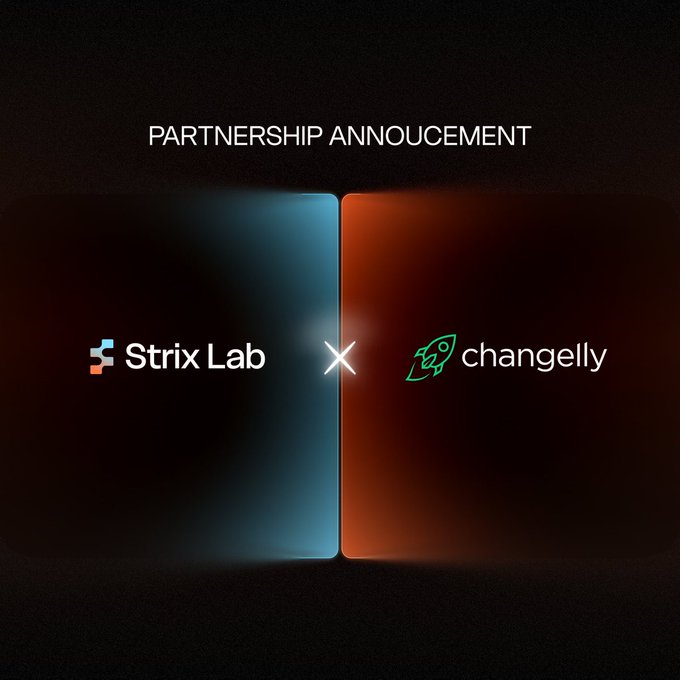 A 'PARTNERSHIP ANNOUNCEMENT' graphic showing the logos for 'Strix Lab' (with a blue and orange icon) and 'changelly' (with a green rocket icon) separated by a glowing 'x' on a dark background split with blue and orange lighting.