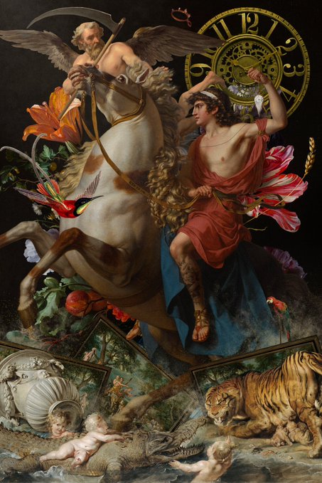 A surreal, ornate composition blends classical painting with collage, showing a winged figure on a white horse, a youth in red robes, a clock, a tiger, and cherubs among flowers.