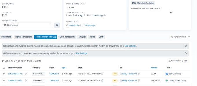 A screenshot of an Etherscan transaction page showing token transfer events, including a transfer of 310.372091 Tether USD (USDT) from address 0xb56e41b...7df18822C, with an ETH balance of 0 ETH.
