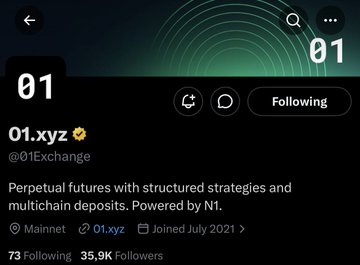 The image shows a social media post from someone named @decibeltrade, which has been tagged with the hashtag #01Exchange. The post features two posts about trading strategies for cryptocurrency exchanges. One of these posts is titled "Perpetual Futures With Structured Strategies And Multichain Deposits. Powered By N1". The other post is titled "Follow @01Exchange @risextrade @cascade_xyz @DecibelTrade #decibeltrade #exchanges #tradingstrategies".