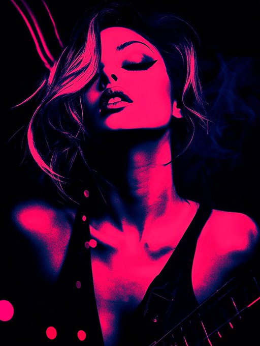 Stylized pink and black portrait of a woman with flowing hair and dramatic makeup, with a guitar visible at the bottom.