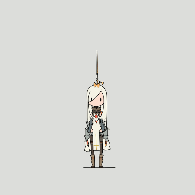 A 2D anime-style character with long white hair, pointed ears, and armor, suspended by a hook attached to their head.