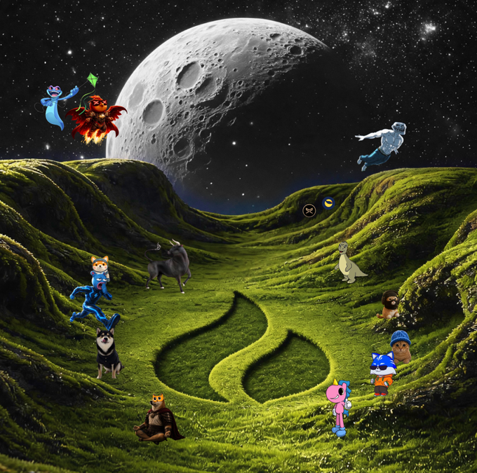 A surreal nighttime landscape shows a glowing green "G" shaped aura etched into a grassy valley, surrounded by an eclectic cast of cartoon and 3D characters—including Sonic, Tails, Shadow, a minotaur, and other figures—beneath a massive detailed moon and starry sky. The whimsical gathering of varied characters ties into the post's theme of guessing who is responsible for conjuring the mysterious green aura.