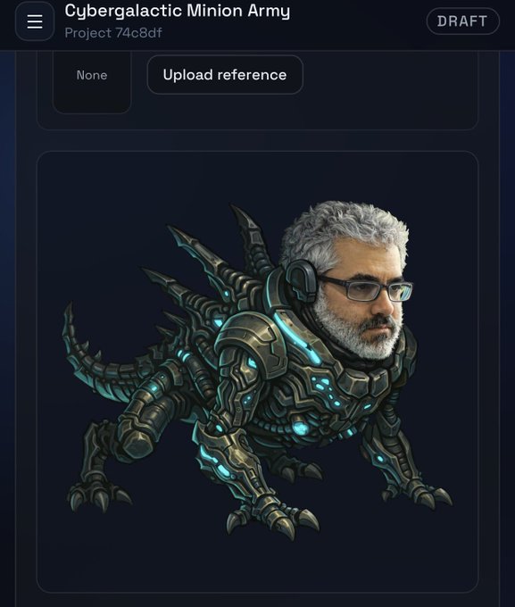 The screenshot shows an AI generation tool with the project titled "Cybergalactic Minion Army" (Project 74c8df), featuring a metallic, spiked quadrupedal creature with cyan glowing accents and a man's bearded head wearing headphones. The whimsical image connects to the post's promotion of Stacia, an AI game creation engine by ZarGates being used to build next-gen games for NFT collections, suggesting a possible example of AI-generated game assets for a fictional NFT collection.