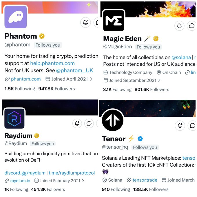 The image shows four different Twitter feeds, each with a unique design and content. The first feed has a purple background and features a pink and white logo for "Phantom", followed by a list of followers. The second feed has a black background and displays a pink and white logo for "Magic Eden". The third feed is also black in color but has a blue background, with a pink and white logo for "Tensor" and the text "Follows you @solana og without telling me". The fourth feed is white with a purple background. Each of these feeds contains a list of followers who have engaged with the content posted on them.