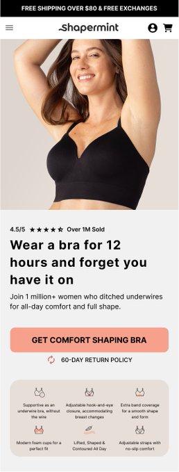 The image shows a website called Shapermint, which sells bra tops online. The focus of the image is a woman wearing a black bra top with her arm raised above her head. The background color of the image is white, making the black bra top stand out prominently. The text on the image reads "Shapermint hero section design for Shapermint #figma #CRO #ecom #shopify". This suggests that the image is part of a promotional campaign or advertisement for the website, highlighting the bra tops available for purchase.