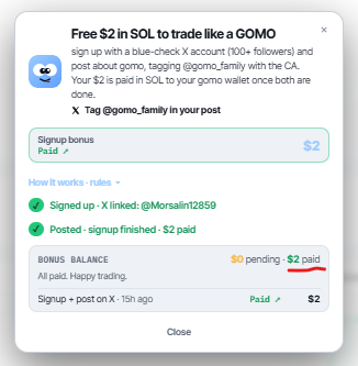 A promotional pop-up offering 'Free $2 in SOL to trade like a GOMO' with instructions to sign up with a blue-check X account and post tagging @gomo_family.