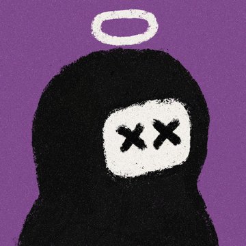 An illustration of a black-hooded figure with a white screen face showing X X eyes and a halo above, set against a purple background.