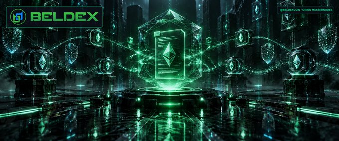A futuristic promotional graphic for "BELDEX" featuring glowing green crystalline structures displaying the Ethereum (ETH) logo in a cyberpunk-style cityscape.