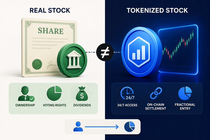 An infographic comparing 'REAL STOCK' and 'TOKENIZED STOCK', showing real stock includes ownership, voting rights, and dividends, while tokenized stock offers 24/7 access, on-chain settlement, and fractional entry.