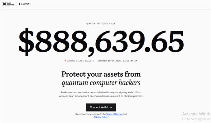 A webpage for “MetaMask | Account” displays “QUANTUM PROTECTED VALUE $888,639.65,” “ACROSS 27,701 WALLETS,” “UPDATED 10/24/2026, 11:21:04 AM,” and the message “Protect your assets from quantum computer hackers.”