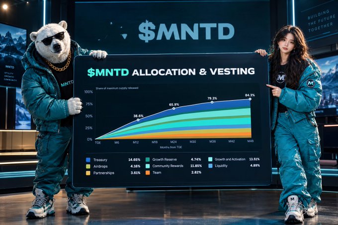 A promotional graphic showing a person in a polar bear mascot costume and a woman in a teal MNTD tracksuit holding a chart titled '$MNTD ALLOCATION & VESTING' that displays token distribution percentages including Treasury (14.05%), Airdrops (4.16%), Partnerships (3.01%), Growth (4.74%), Community Rewards (11.85%), Team (2.82%), Growth Reserve (4.74%), Growth and Activation (13.56%), and Liquidity (4.89%) over a 48-month vesting period.