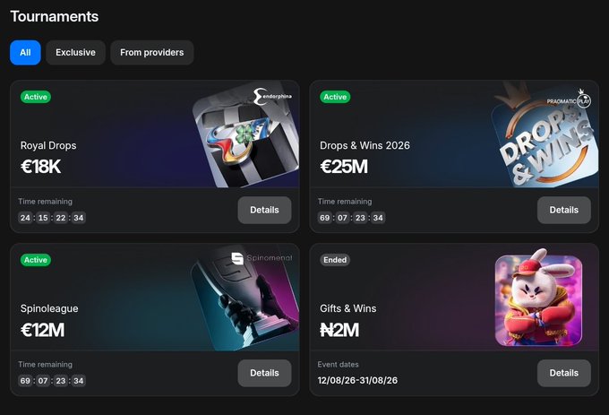 A "Tournaments" interface displays four active and ended events, including "Royal Drops €18K" (Spadepina), "Drops & Wins 2026 €25M" (Pragmatic), "Spinoleague €12M" (Spinomenal), and "Gifts & Wins ₦2M" — aligning with the post's promotion of crypto-funded multiplier tournaments on 1winPro, where winning multipliers convert into points.
