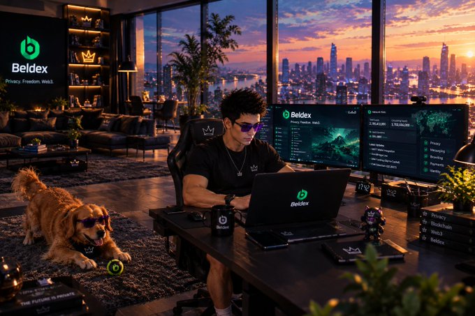 A promotional image for 'Beldex' cryptocurrency showing a man working on a laptop with multiple monitors displaying Beldex branding and information, alongside a golden retriever dog wearing a 'B' tag, set against a city skyline at sunset.