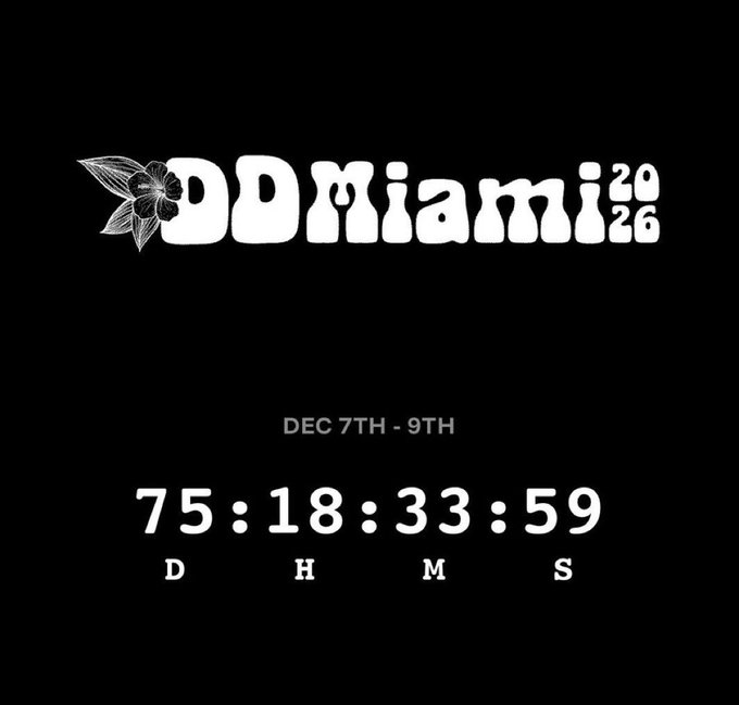 A black promotional graphic for 'DOMiami 2026' (December 7th-9th) featuring a stylized flower logo and a countdown timer showing 75 days, 18 hours, 33 minutes, 59 seconds remaining.