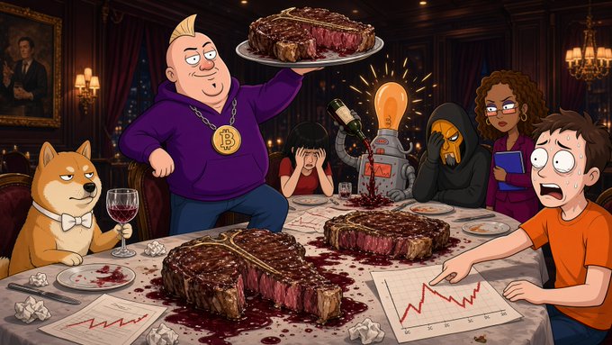 A satirical digital illustration showing various crypto memes, including a Doge character, a figure with a Bitcoin necklace holding steak, and a distressed man pointing at a plummeting stock chart amidst scattered papers.
