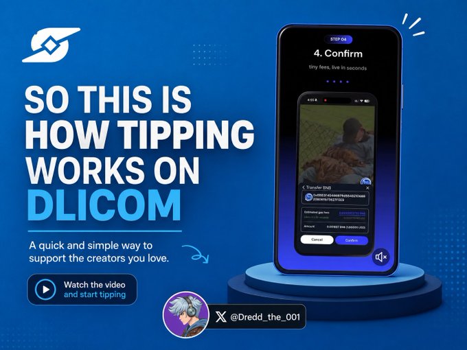 A promotional graphic titled 'SO THIS IS HOW TIPPING WORKS ON DLICOM' features a smartphone displaying a 4-step confirmation process, with a call to 'Watch the video and start tipping' alongside the user @Dredd_the_001.