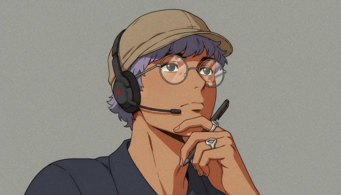 An anime-style illustration of a young man with purple hair wearing a tan cap, round glasses, a headset, and a dark blue shirt.