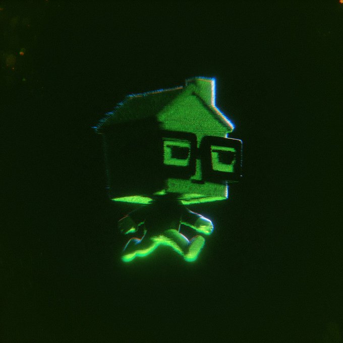 A glitchy green neon holographic projection of a pixelated house-headed character with square glasses floats against a dark background, likely serving as a profile picture (PFP) example from the creator. The image ties to the post as a sample of the creator's distinctive PFP art style, which they're pausing production of while developing a new system for others to request their own.