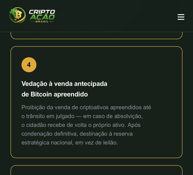 An informational graphic from CriptoAção Brasil describing a provision titled 'Vedação à venda antecipada de Bitcoin apreendido' (Prohibition on early sale of seized Bitcoin), explaining that seized crypto assets cannot be sold until a final court ruling.