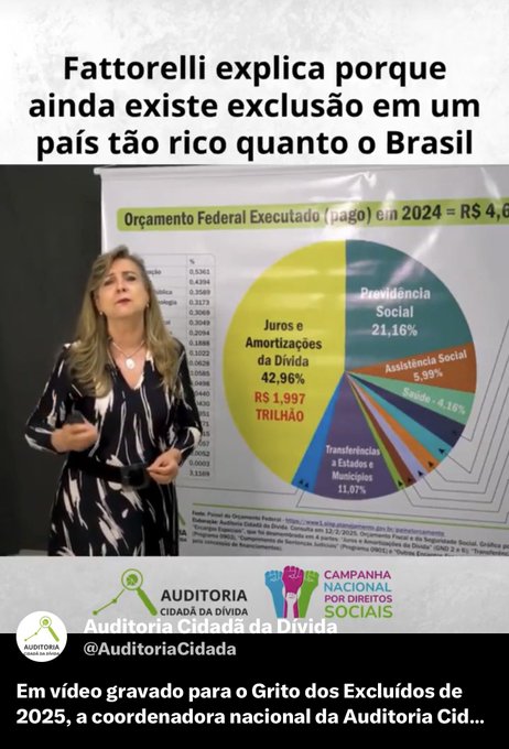 An Instagram-style post featuring a woman presenting beside a pie chart about Brazil's federal budget, with text reading 'Fattorelli explica porque ainda existe exclusão em um país tão rico quanto o Brasil' and 'Auditoria Cidadã da Dívida'.