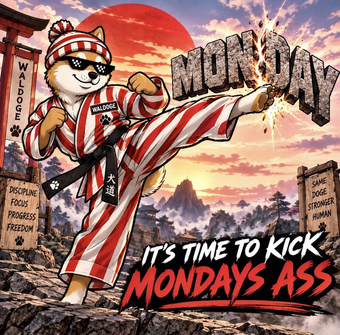 An illustration of a Shiba Inu dog wearing a red and white striped karate outfit and pixelated sunglasses, kicking the word 'MONDAY' with text reading 'IT'S TIME TO KICK MONDAYS ASS' and 'WALDOGE'.