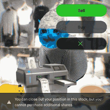 A Robinhood app screenshot showing a Sell button (green) and disabled Buy option with message: 'You can close out your position in this stock, but you cannot purchase additional shares.'