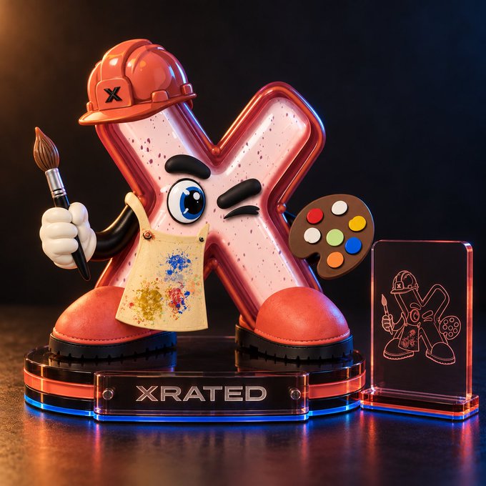 A 3D-rendered cartoon letter 'X' mascot wearing an orange hard hat with 'X' logo, holding a paintbrush and palette, sits on a glowing base labeled 'XRATED' next to a transparent acrylic display.