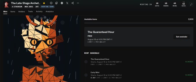 The image shows the NFT mint page for "The Late Stage Arhat" collection, displaying 7,500 available items with a "The Guaranteed Hour" free mint scheduled for August 18 at 4:00 PM GMT+1, alongside an "Early Mint" also at 6:00 PM GMT+1. The interface includes a 16-day countdown timer, suggesting the user is eagerly anticipating this long-awaited mint event referenced in the accompanying post.
