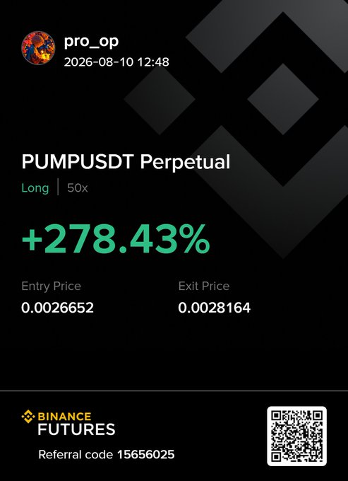 A Binance Futures trade screenshot showing a PUMPUSDT Perpetual Long position at 50x leverage with a +278.43% gain, entry price 0.0026652, exit price 0.0028164, by user pro_op, with referral code 15656025.