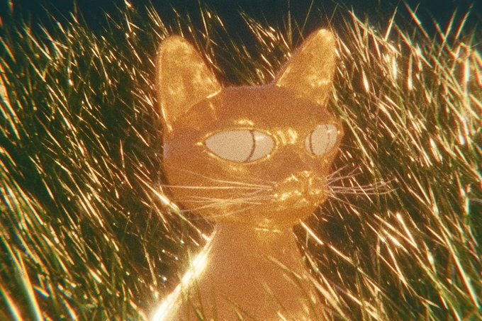 A sepia-toned image of a shiny cat figurine with glowing eyes, appearing amidst grass with a sparkling, dreamlike filter effect.