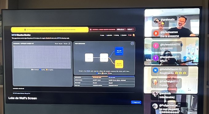 A television displays a Bitcoin Knots node synchronization interface showing blockchain and address manager data, alongside a vertical live chat panel with users like @rafaelsf, @kylewheels4070, and @nataliehsznmi celebrating with messages like "This is awesome" and "Roughjocks." The screen reflects the post's enthusiasm about a Bitcoin Improvement Proposal (BIP-110), with commenters rejoicing over the official "split."