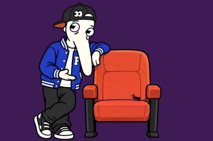A cartoon illustration depicts a stylized character with an elongated face wearing a blue 'F' varsity jacket and a '33' cap, leaning against an orange chair that has a small black ant on the seat.