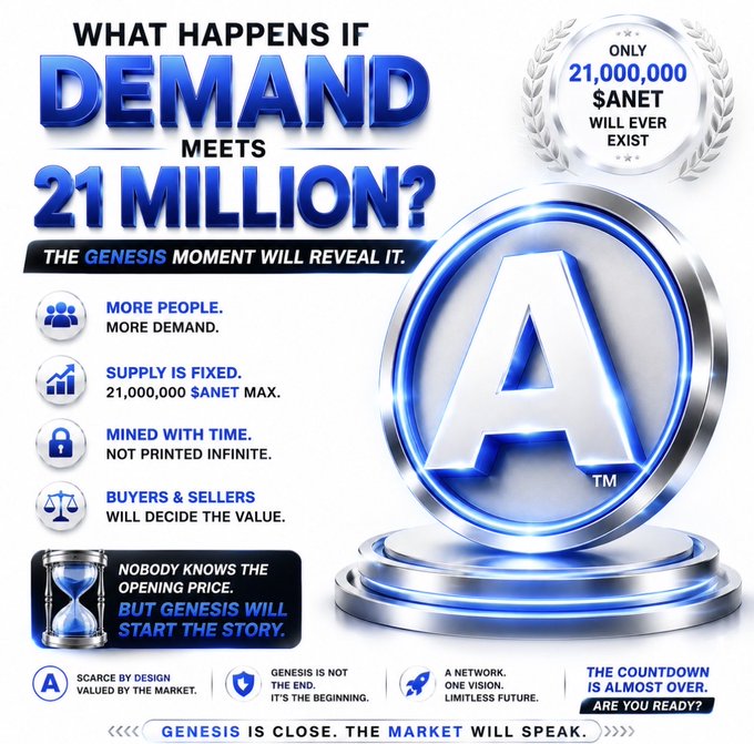 A promotional infographic for 'SANET' cryptocurrency titled 'What Happens If Demand Meets 21 Million?', highlighting its capped supply and upcoming Genesis moment.