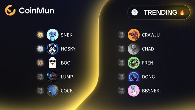 A CoinMun 'Trending' leaderboard displaying ten ranked meme-style cryptocurrency tokens, including #1 SNEK, #2 HOSKY, #3 BOO, #4 LUMP, #5 COCK, #6 CRAWJU, #7 CHAD, #8 FREN, #9 DONG, and #10 BBSNEK, each with a circular character avatar.
