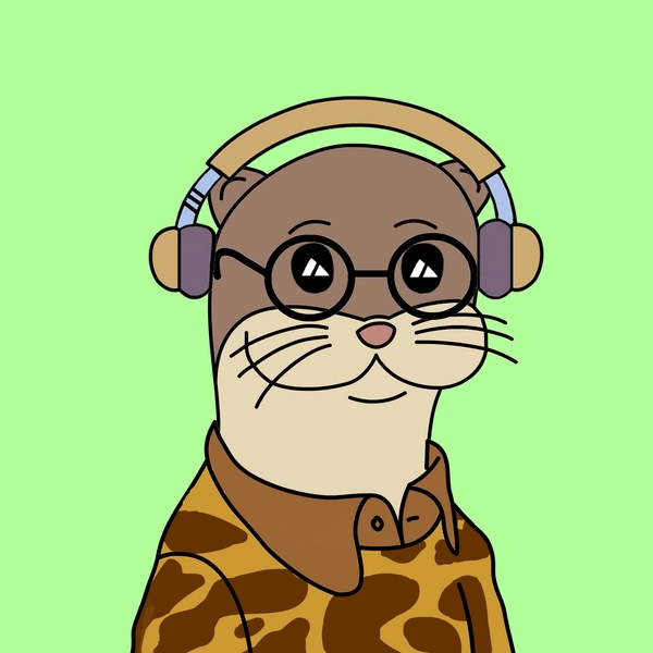 A cartoon illustration depicts an otter wearing round glasses and headphones, dressed in a brown camouflage-patterned shirt against a light green background.
