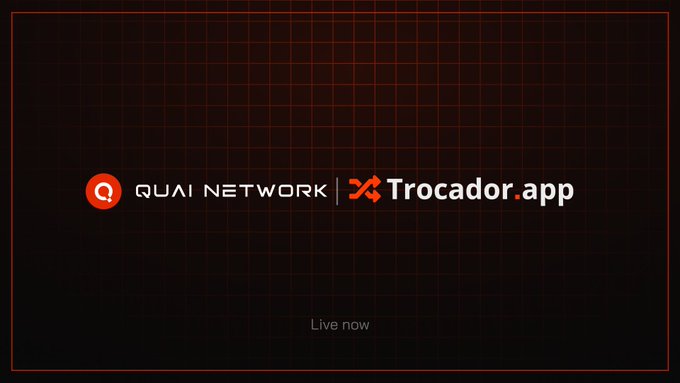 The image is a promotional graphic with a dark background and red grid pattern, displaying the QUAI NETWORK logo alongside the Trocador.app logo, with "Live now" text at the bottom—visually announcing the integration of $QUAI on the Trocador exchange aggregator platform for privacy-focused, non-custodial swaps.