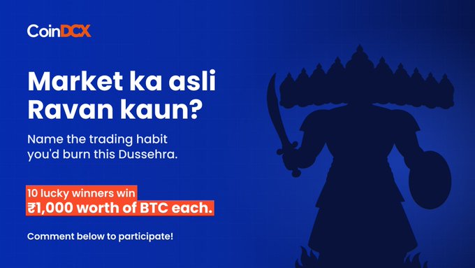 CoinDCX's "Market Ka Asli Ravan Kaun?" Dussehra-themed contest ad features a dark silhouette of the multi-headed Ravan wielding a sword against a blue grid background, asking traders to name their worst trading habit to "burn" this Dussehra, with 10 winners receiving ₹1,000 worth of BTC each.