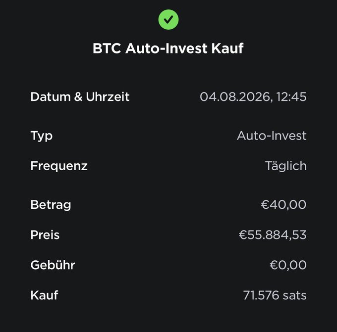 A confirmation screen for a "BTC Auto-Invest Kauf" (Bitcoin Auto-Invest purchase) dated 04.08.2026, showing a €40.00 purchase at a price of €55,884.53 for 71,576 sats.