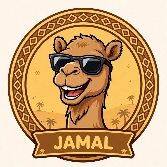 A circular illustrated badge/logo featuring a cartoon camel wearing sunglasses with a smiling expression, set against a desert background with palm trees, with a banner at the bottom reading "JAMAL".