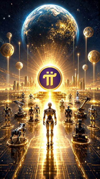 The image features a futuristic scene with a prominent Pi (π) logo surrounded by various robots, a futuristic cityscape, and a large Earth and moons in the background, visually representing the integration of Pi cryptocurrency into a robot economy. This aligns with the post's announcement about Pi being used in RoboPay, a new infrastructure that enables automated payments for robot services, symbolizing Pi's expanding role in AI-driven commerce.