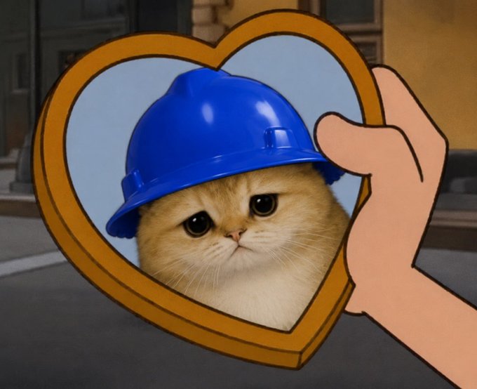 A cartoon hand holds up a heart-shaped locket revealing an orange kitten wearing a blue hard hat, fitting the "We see you Brian $BASECAT" post as a cute, affectionate "framed" depiction of the cat mascot.