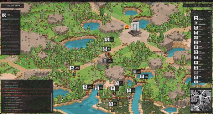 A pixel art strategy game interface titled 'Wander Worlds' showing an isometric view of a forested landscape with characters, buildings, and UI panels.