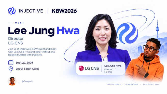 An Injective x KBW2026 promotional banner featuring Lee Jung Hwa, Director of LG CNS, with event details for September 29, 2026 in Seoul, South Korea, branded with 'INSTITUTIONS · INNOVATION · INJECTIVE'.