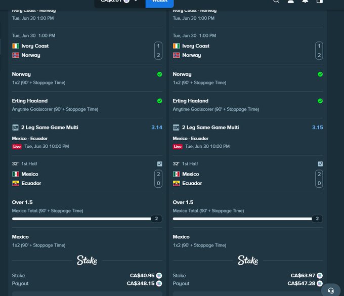 The image shows two Stake betting slips for the Ivory Coast vs. Norway and Mexico vs. Ecuador matches on June 30, with bets placed on Norway winning (1x2), Erling Haaland as Anytime Goalscorer, and Mexico to win and score over 1.5 goals, with potential payouts of CA$348.15 and CA$547.28 CAD. The post celebrates these wagers, noting that if Mexico holds on, the user wins both slips, and is offering to tip other Stake users upon winning.