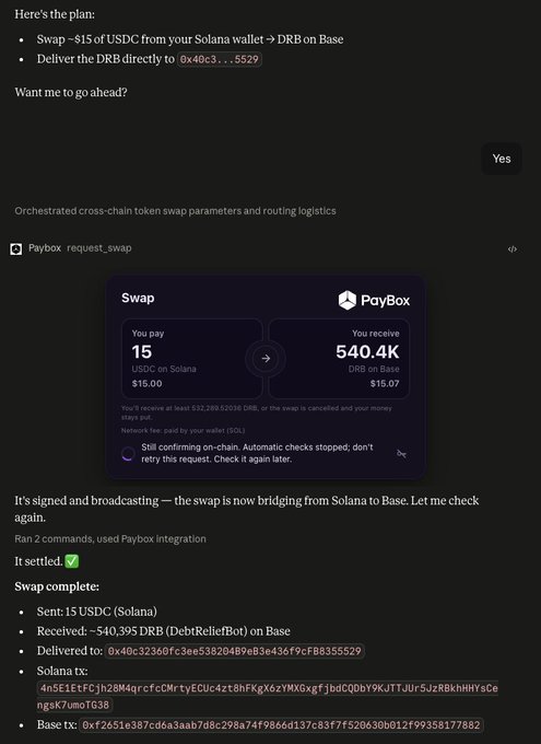 A screenshot of a cryptocurrency swap interface showing a $15 USDC (Solana) to 540,395 DRB (DebtReliefBot) cross-chain swap via PayBox, with delivery to address 0x40c32360fc3ee53820d3b9a8e3e436ff9cf88355529, accompanied by transaction hashes for both the Solana and Base networks. The image illustrates a successful automated token swap orchestrated via PayBox, suggesting the user received DRB tokens possibly from MoonPay through this mechanism.