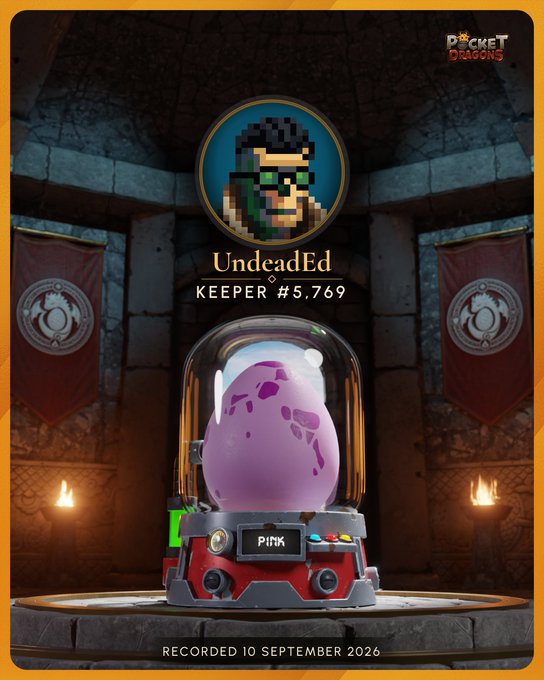 A 'Pocket Dragons' digital card displaying a pixel art avatar labeled 'UndeadEd, KEEPER #5,769' above a gachapon machine containing a purple 'PINK' dragon egg, recorded on 10 September 2026.